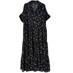 Tatiana Semi-Sheer Midi Dress Black Floral Sz 22 Silk Blend Cottagecore Tiered
